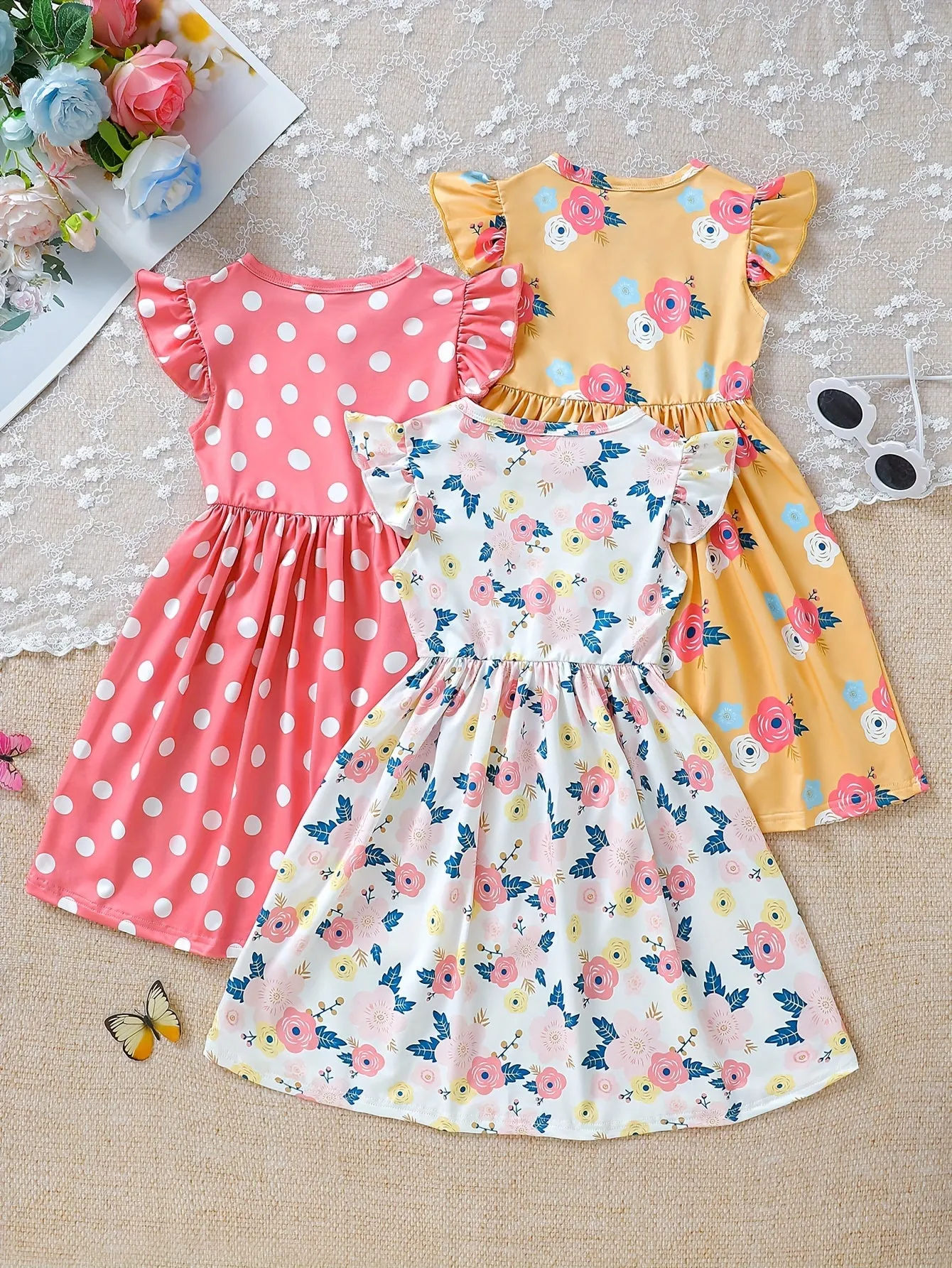 3pcs Girls Charming Polka Dot & Floral Dress Set - Ruffle Sleeveless, Lightweight Digital Print, Perfect for Summer Fun