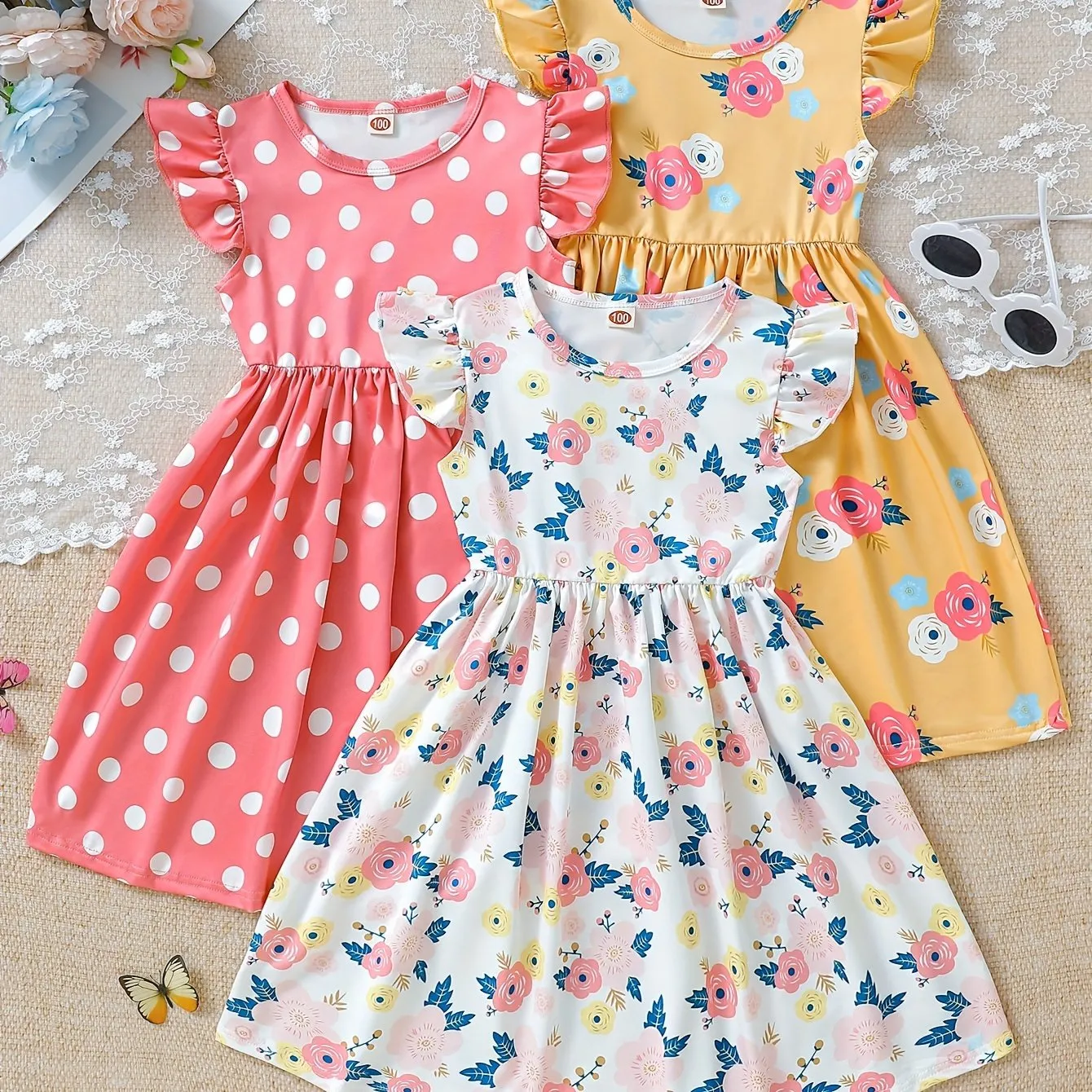 3pcs Girls Charming Polka Dot & Floral Dress Set - Ruffle Sleeveless, Lightweight Digital Print, Perfect for Summer Fun