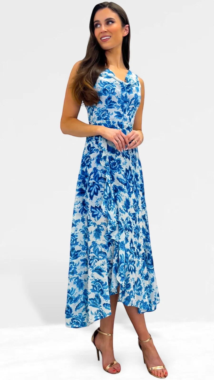 4-A0495 Janet Cowl Neck Blue Floral Dress