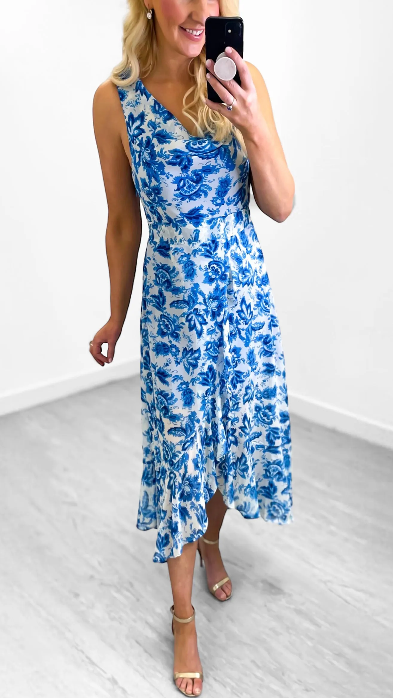 4-A0495 Janet Cowl Neck Blue Floral Dress