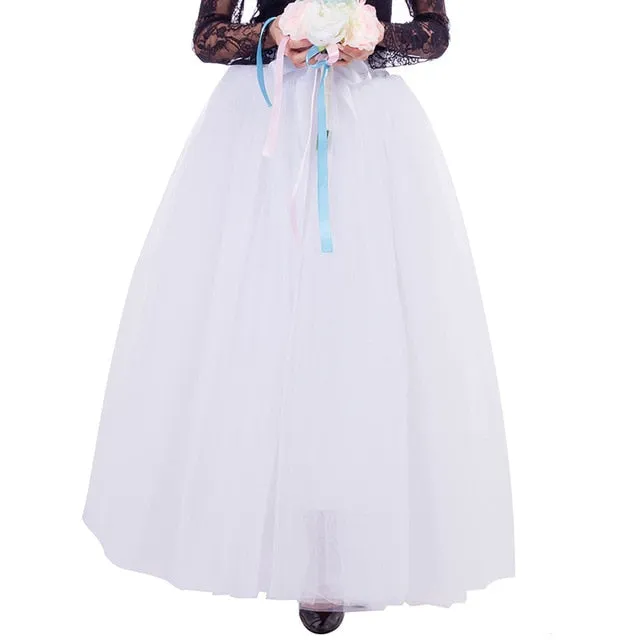 6 Layers 40 Inch Long Tulle Skirts Floor-Length Pleated Skirt Fashion Wedding Bridal Bridesmaid Skirt Faldas Jupe Saias