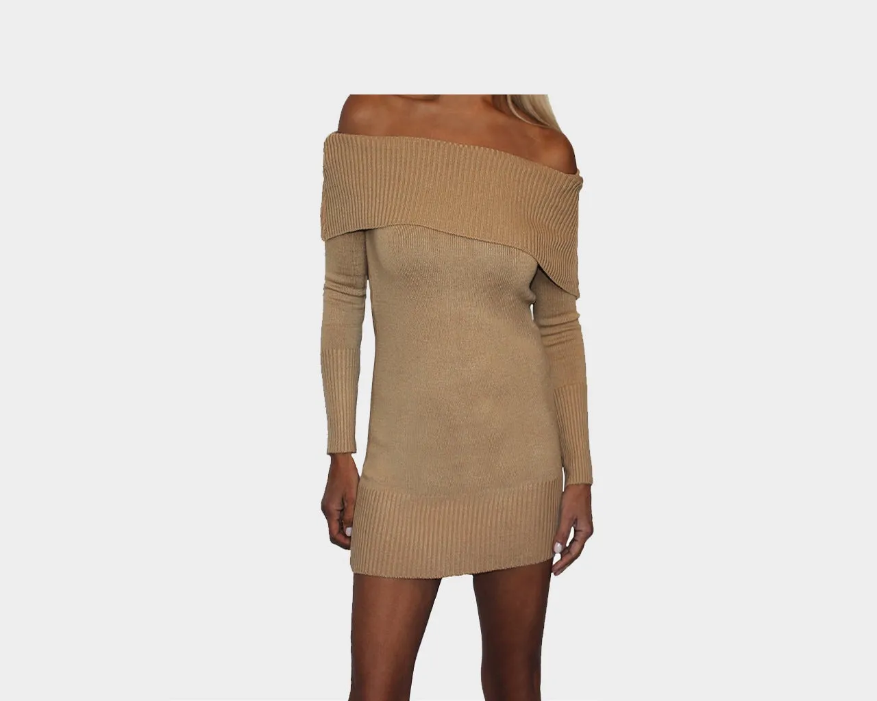 9.1 Golden Tan Knit Off the Shoulder Dress - The St. Moritz