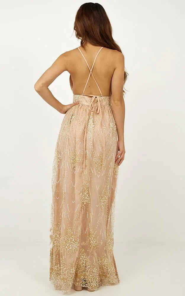 A Line V Neck Backless Lace Champagne Long Prom with Leg Slit, Backless Formal, Lace Graduation Evening