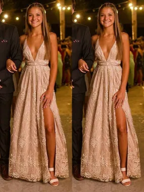 A Line V Neck Backless Lace Champagne Long Prom with Leg Slit, Backless Formal, Lace Graduation Evening