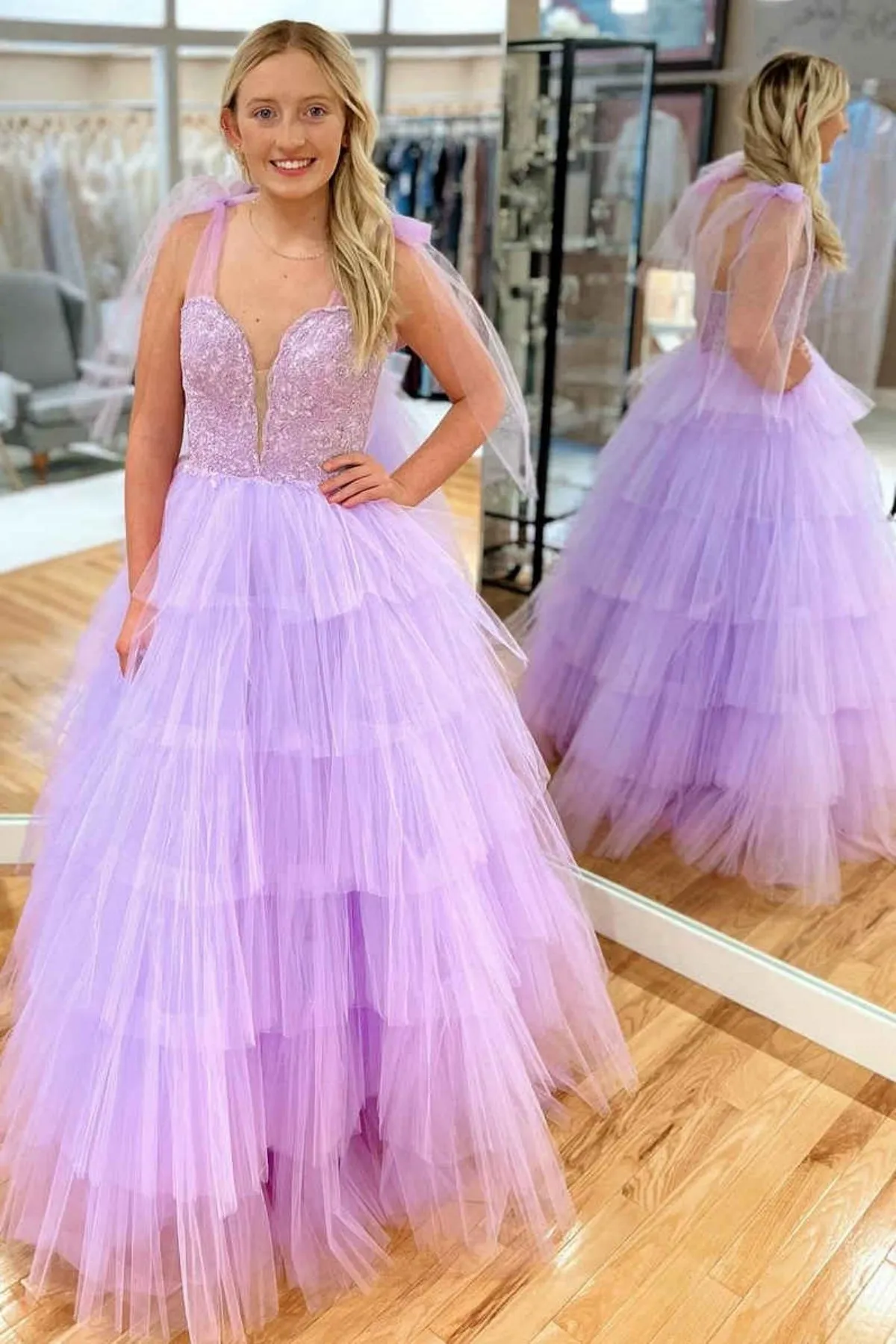 A Line V Neck Layered Lavender Lace Long Prom Dress, Lavender Lace Formal Dress, Lilac Evening Dress A2166