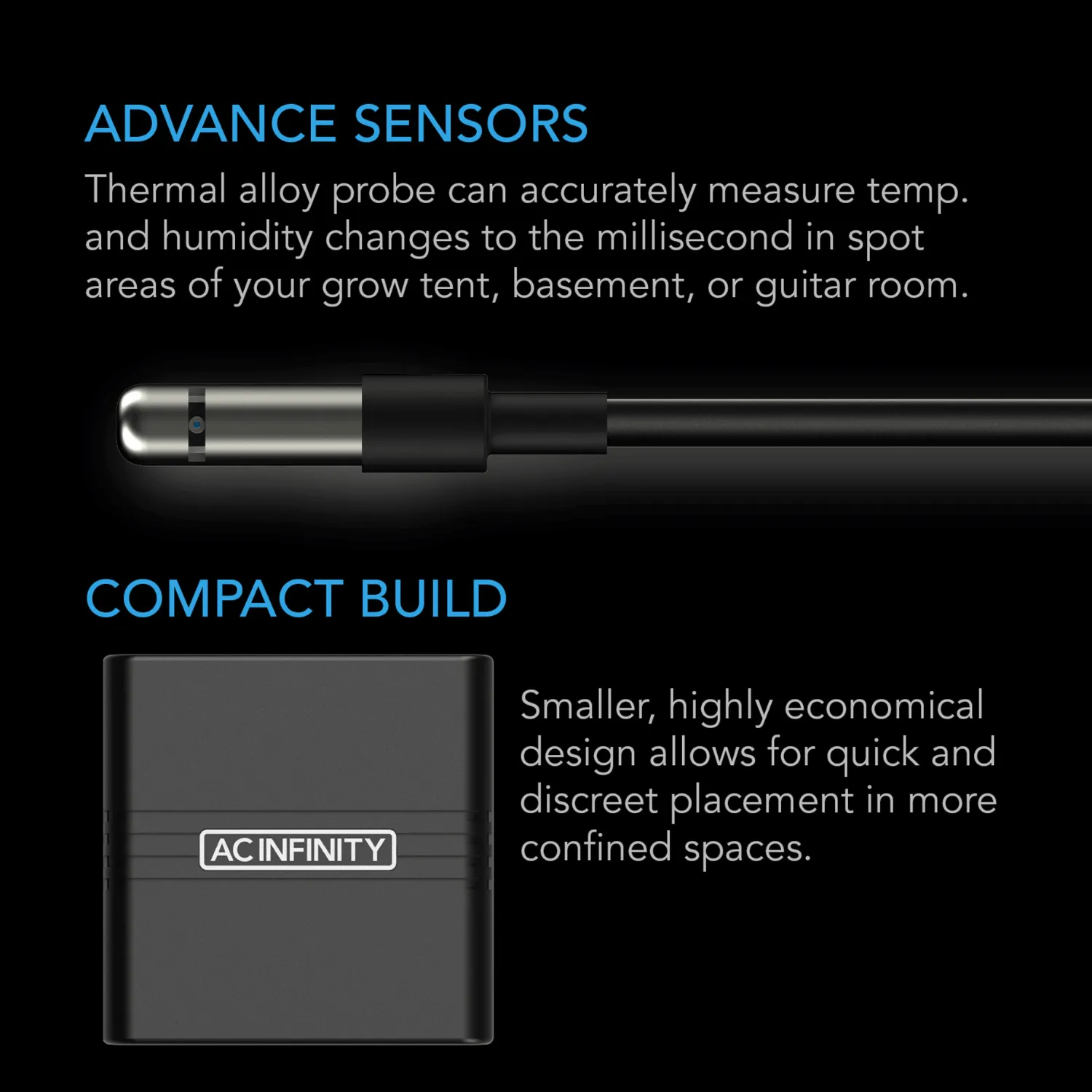 AC Infinity CLOUDCOM A1, Mini Smart Thermo-Hygrometer with Data App, 12 ft. Sensor Probe