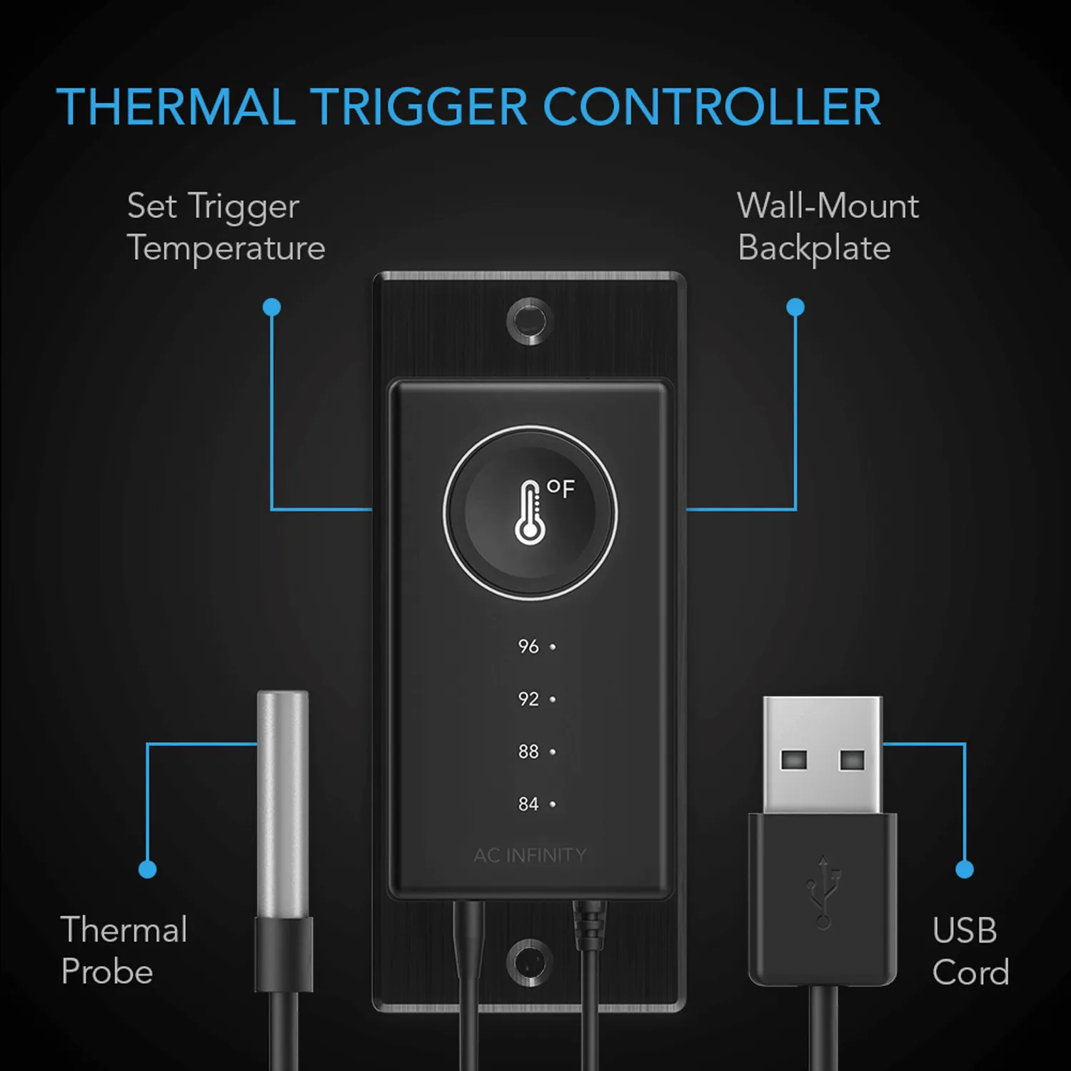 AC Infinity CONTROLLER 1, Pre-Set Thermal Trigger for USB Fans and Devices