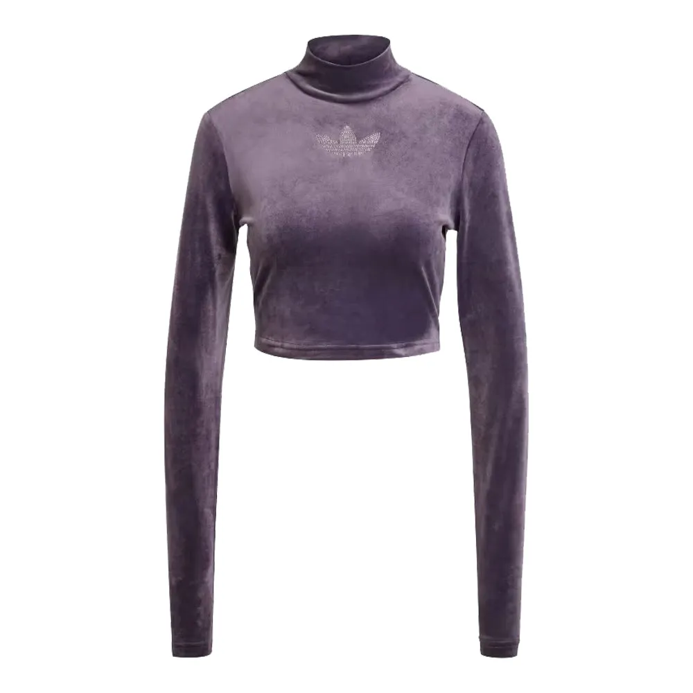 adidas Long Sleeve Rhinestone Trefoil Velvet Crop Top