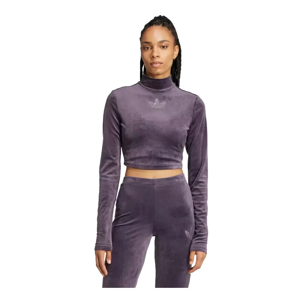 adidas Long Sleeve Rhinestone Trefoil Velvet Crop Top