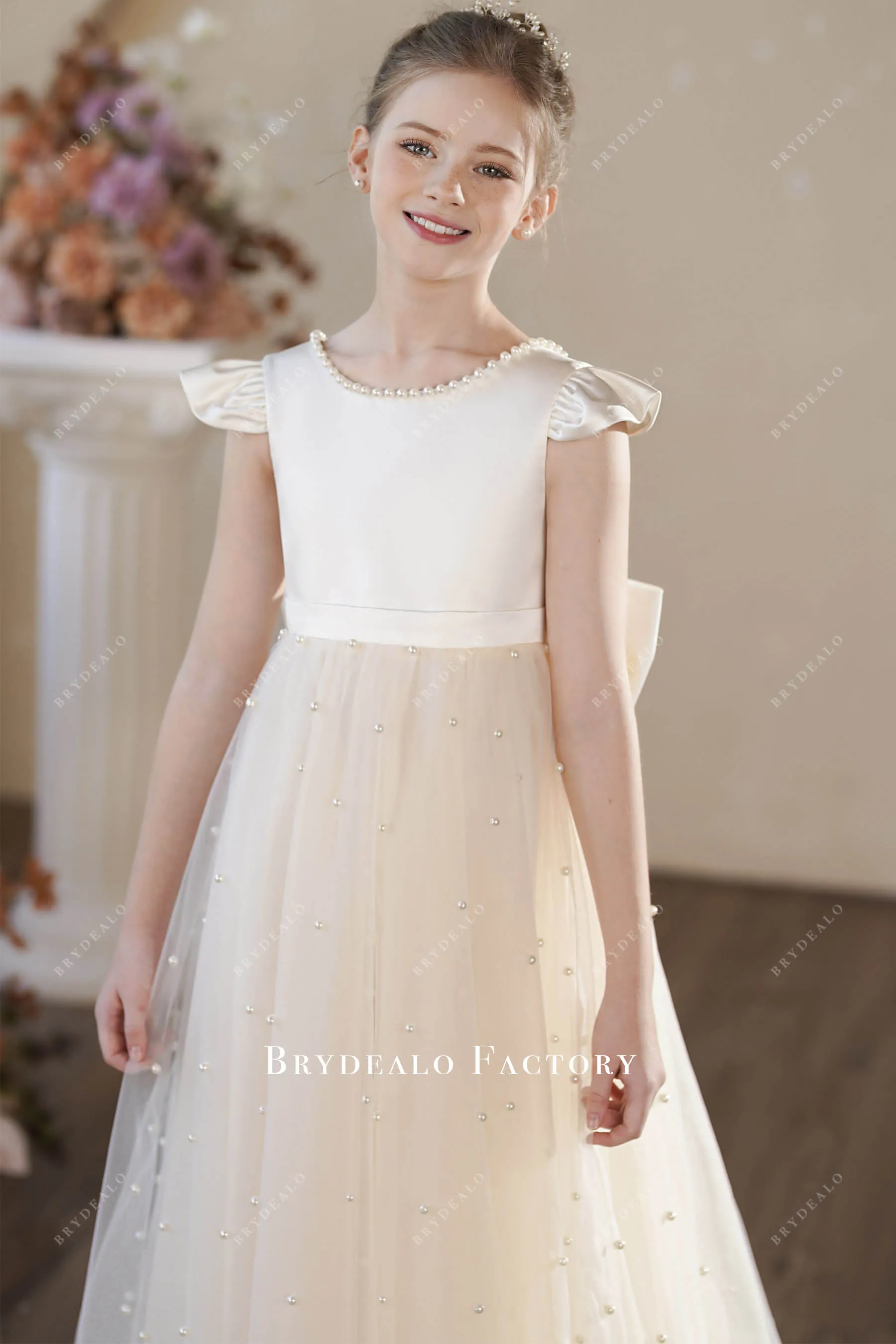 Adorable Bow V Back Pearl Satin Ivory Tulle Flower Girl Dress