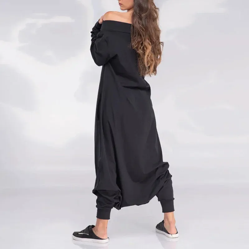 Advbridge Adult Female Spring Summer Solid Color Loose Jumpsuit Off-the-shoulder Long Sleeves Casual Jump Suit Harem Pants