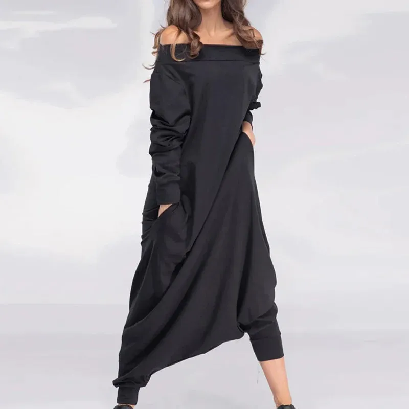 Advbridge Adult Female Spring Summer Solid Color Loose Jumpsuit Off-the-shoulder Long Sleeves Casual Jump Suit Harem Pants