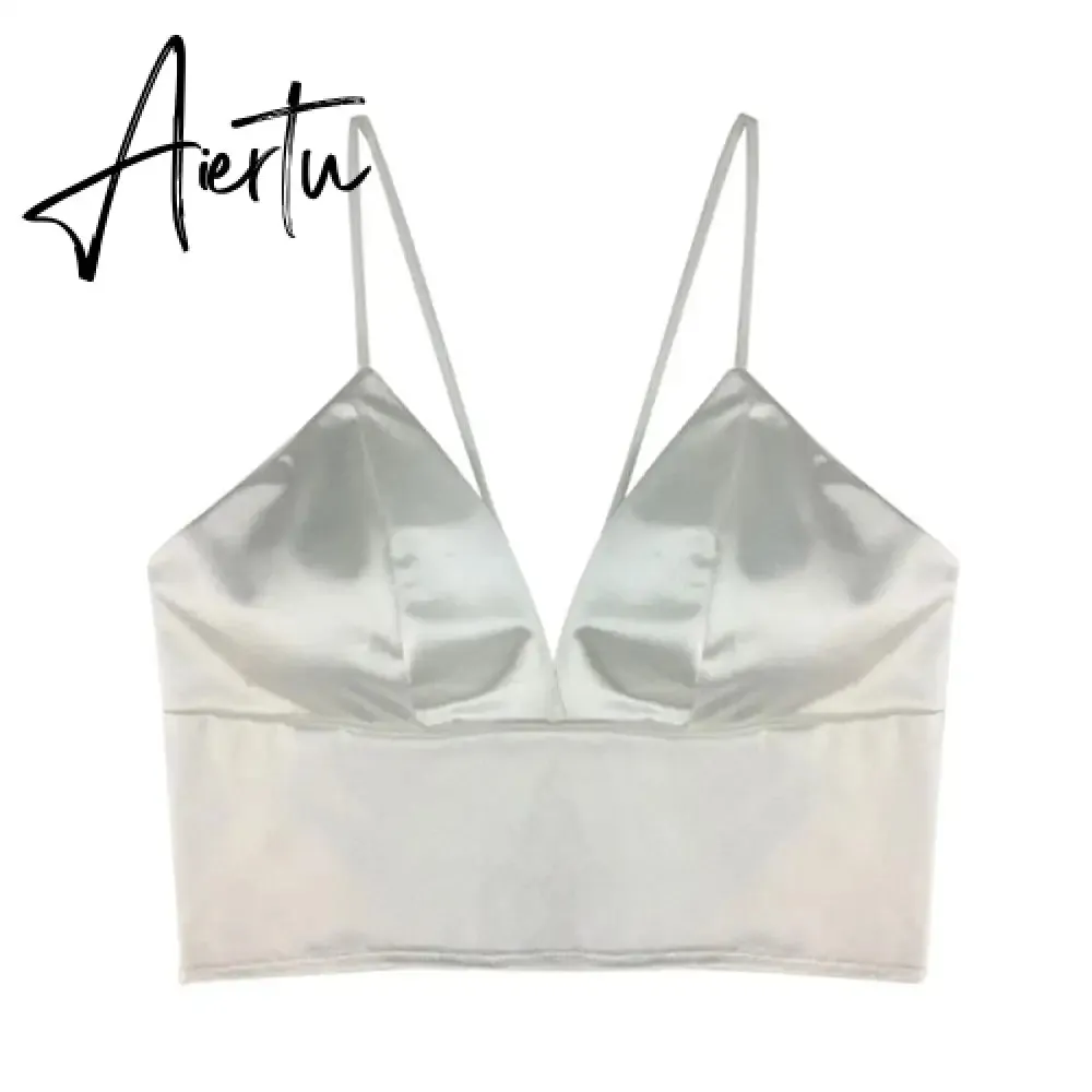 Aiertu Sexy Satin Crop Tops Women Wireless Bralette Crochet Top Female Spaghetti Strap T-shirt Cropped With Chest Padded Camisole Camis