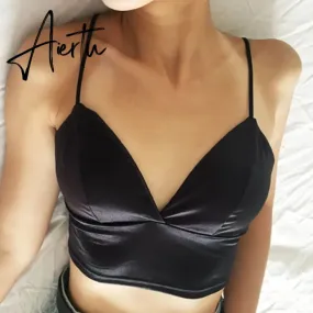 Aiertu Sexy Satin Crop Tops Women Wireless Bralette Crochet Top Female Spaghetti Strap T-shirt Cropped With Chest Padded Camisole Camis