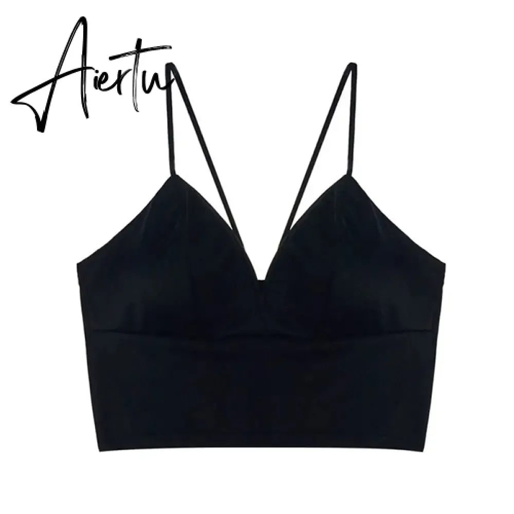 Aiertu Sexy Satin Crop Tops Women Wireless Bralette Crochet Top Female Spaghetti Strap T-shirt Cropped With Chest Padded Camisole Camis