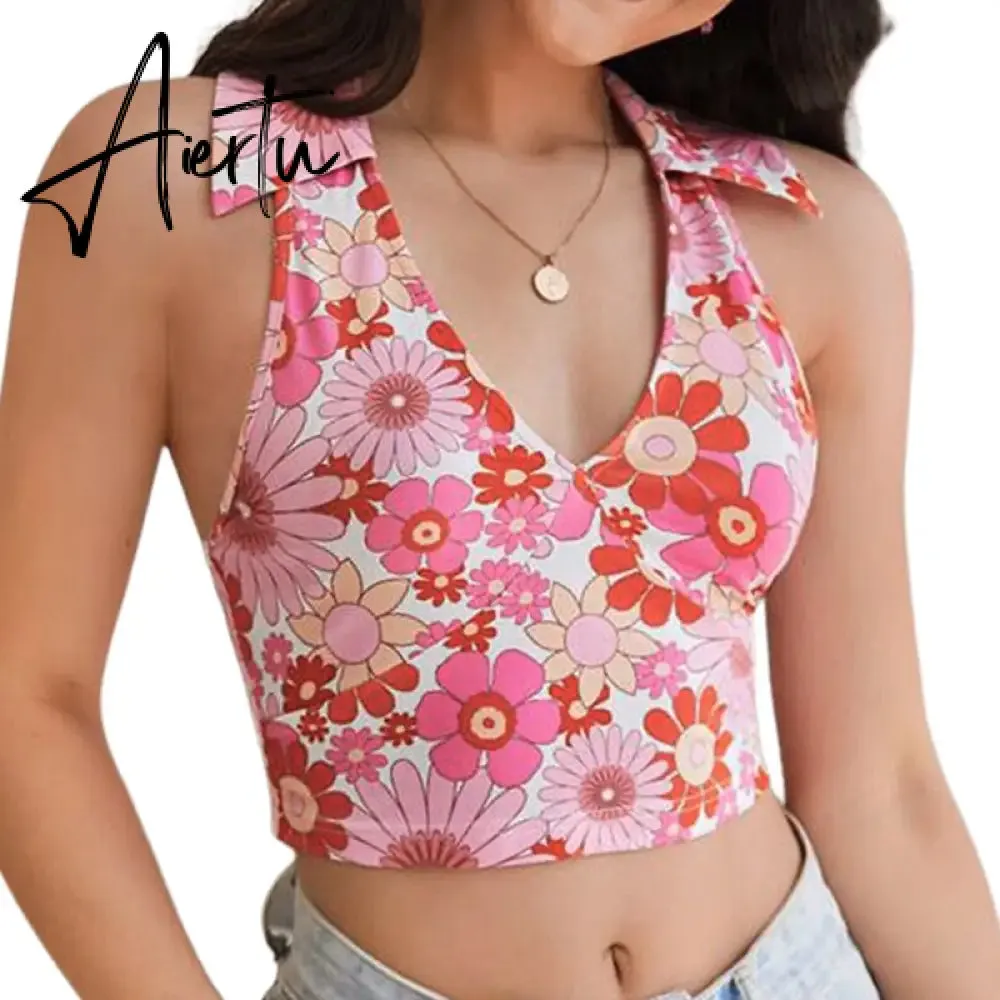 Aiertu Sexy Women Floral Print Vest Tops Summer Ladies Backless Sleeveless Halter Tank Multiple Styles Casual Camisole