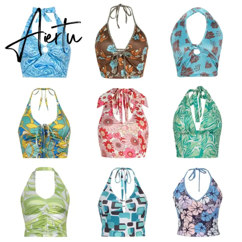 Aiertu Sexy Women Floral Print Vest Tops Summer Ladies Backless Sleeveless Halter Tank Multiple Styles Casual Camisole