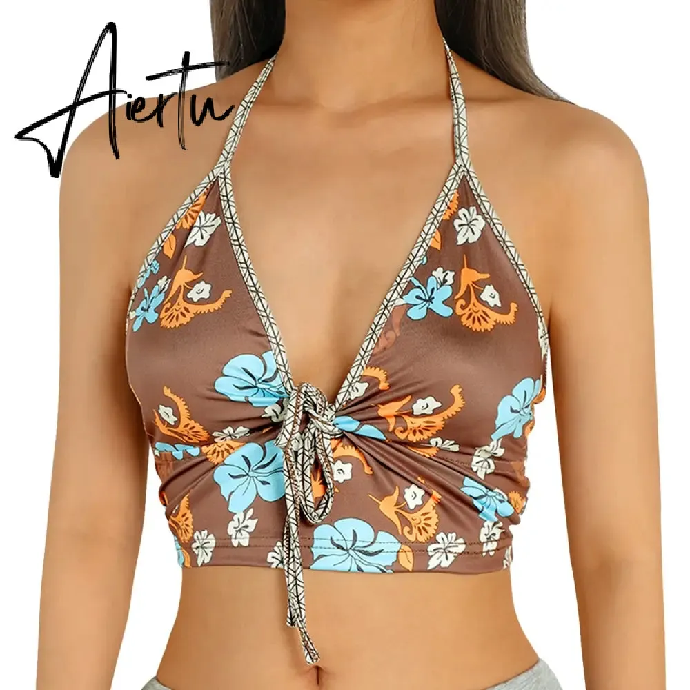 Aiertu Sexy Women Floral Print Vest Tops Summer Ladies Backless Sleeveless Halter Tank Multiple Styles Casual Camisole