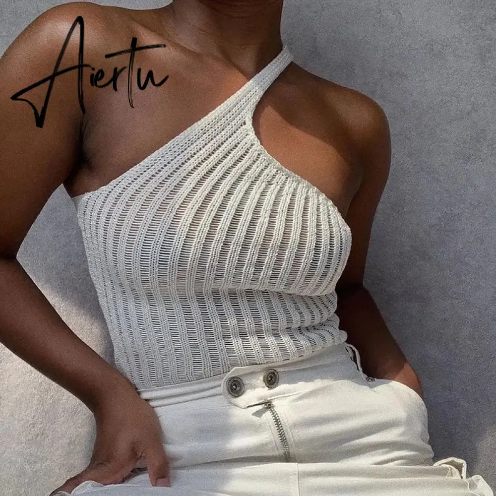 Aiertu Summer Shoulder Off Tank Top Women Camisole Solid Slim Cropped Knitted Cotton Tee Shirt Femme Tanks Camis Tops Woman