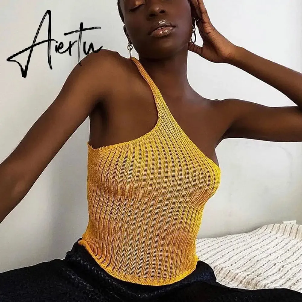 Aiertu Summer Shoulder Off Tank Top Women Camisole Solid Slim Cropped Knitted Cotton Tee Shirt Femme Tanks Camis Tops Woman