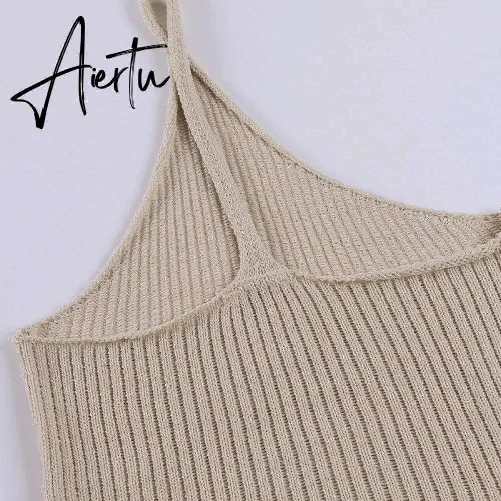 Aiertu Summer Shoulder Off Tank Top Women Camisole Solid Slim Cropped Knitted Cotton Tee Shirt Femme Tanks Camis Tops Woman