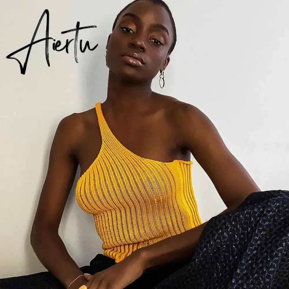 Aiertu Summer Shoulder Off Tank Top Women Camisole Solid Slim Cropped Knitted Cotton Tee Shirt Femme Tanks Camis Tops Woman