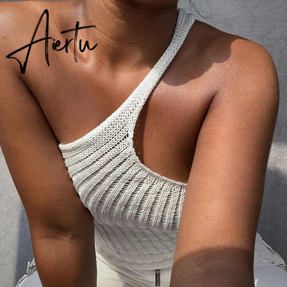 Aiertu Summer Shoulder Off Tank Top Women Camisole Solid Slim Cropped Knitted Cotton Tee Shirt Femme Tanks Camis Tops Woman