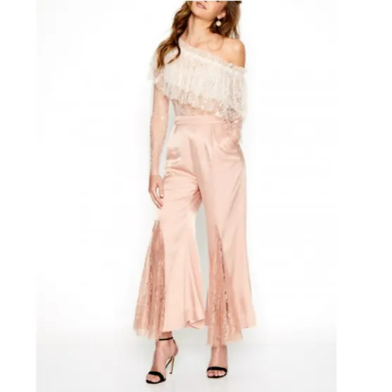 Alice McCall Pink Satin & Lace Flare Bell Bottom Cropped Pants