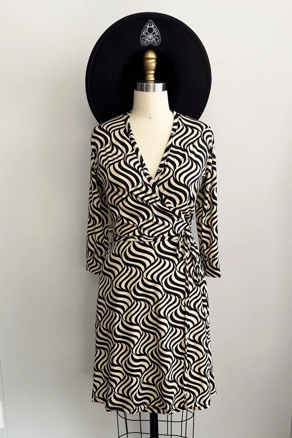 All Wrapped Up Black and Ivory Graphic Print Wrap Dress