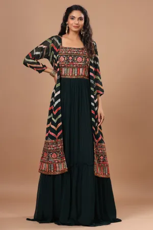 Alluring Bottle Green Resham Embroidered Dress With Cape