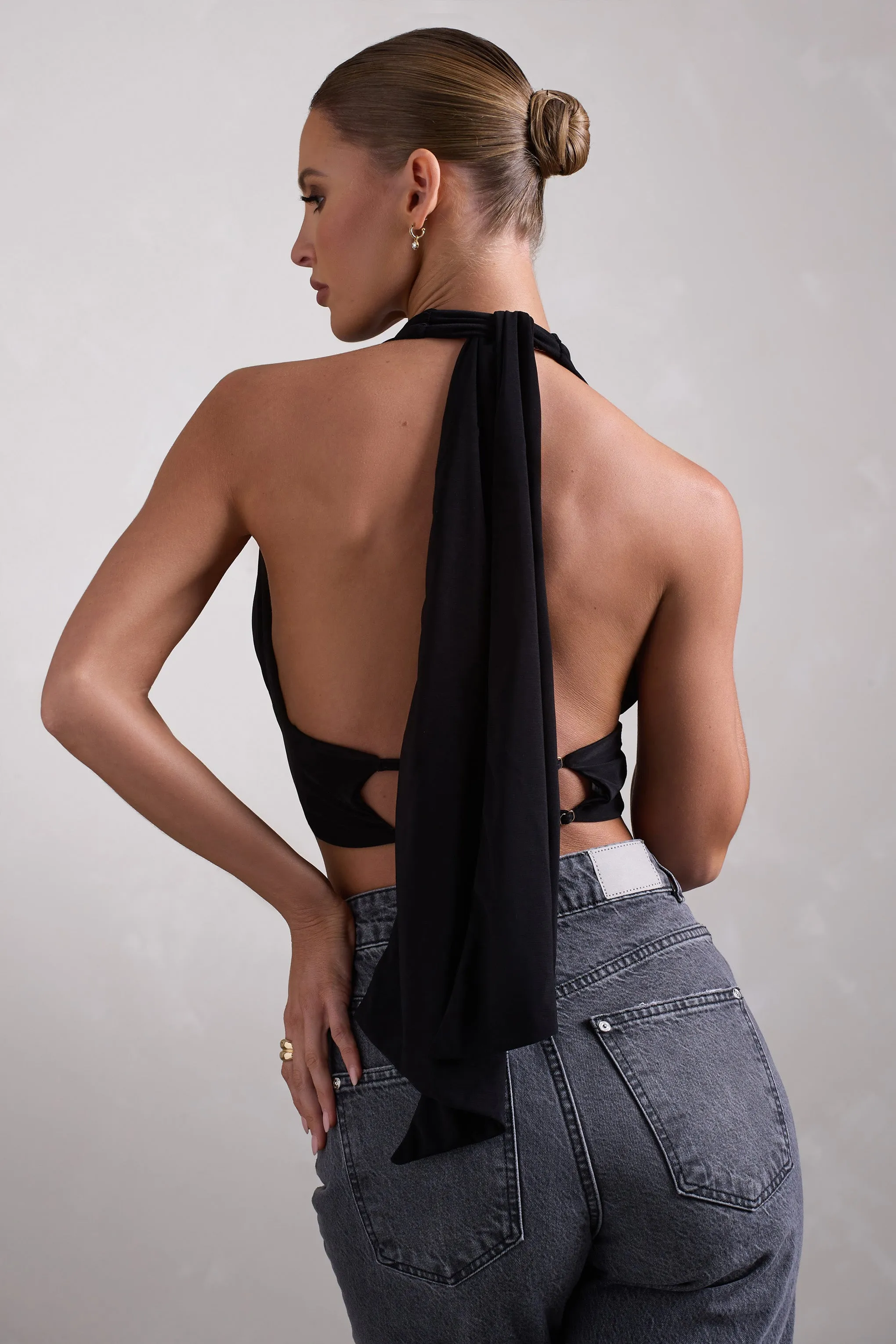 Amp Up | Black Plunging Halter-Neck Crop Top