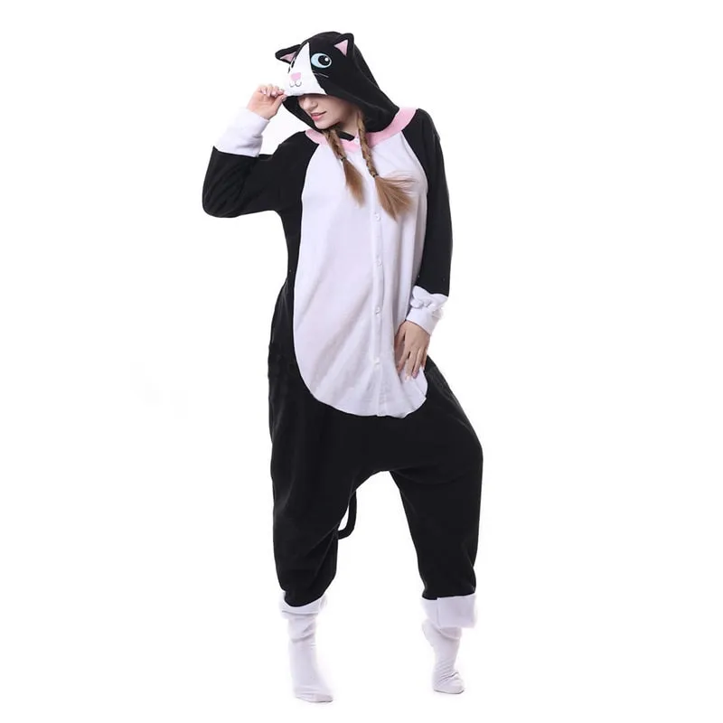 Animal Black Cat Kigurumis Onesie Women Girl DJ Kitty Matching Pajama Overall Adult Sleepwear Cartoon Carnival Jumpsuit Fantasia