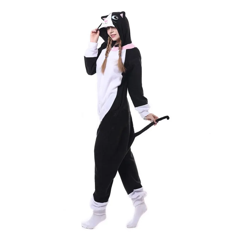 Animal Black Cat Kigurumis Onesie Women Girl DJ Kitty Matching Pajama Overall Adult Sleepwear Cartoon Carnival Jumpsuit Fantasia