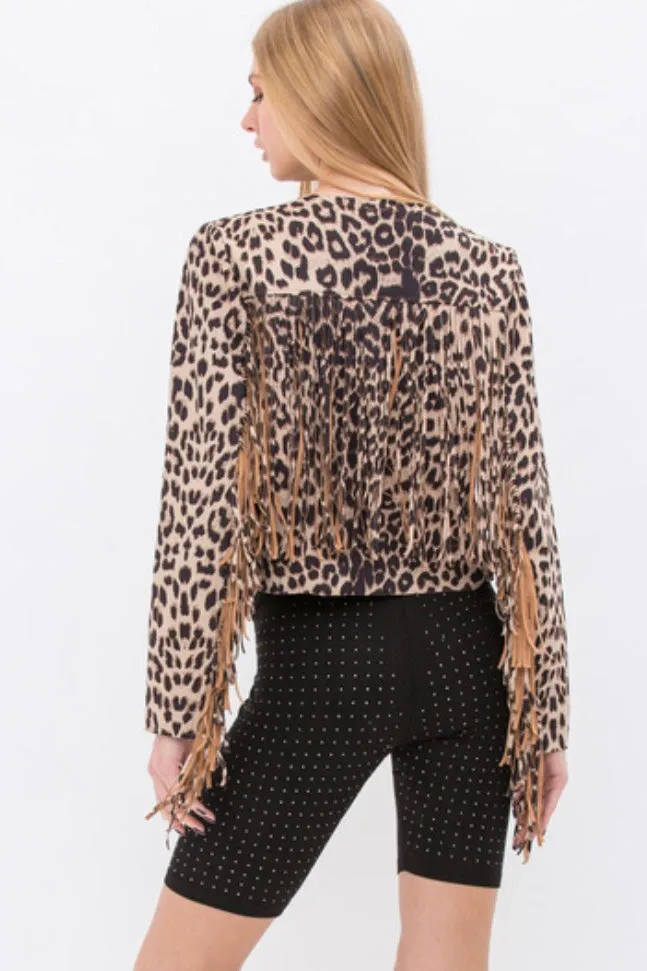 Animal Print Cropped Fringe Jacket