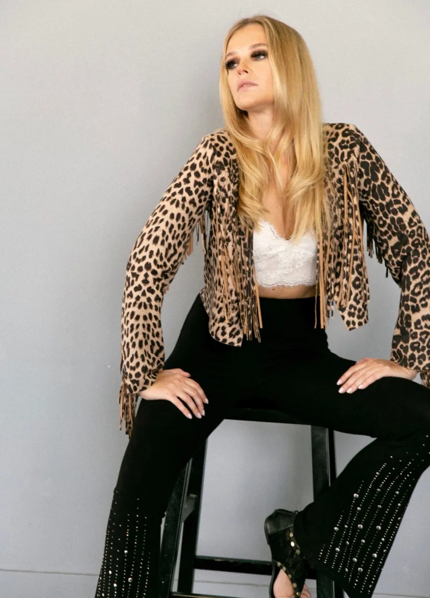 Animal Print Cropped Fringe Jacket