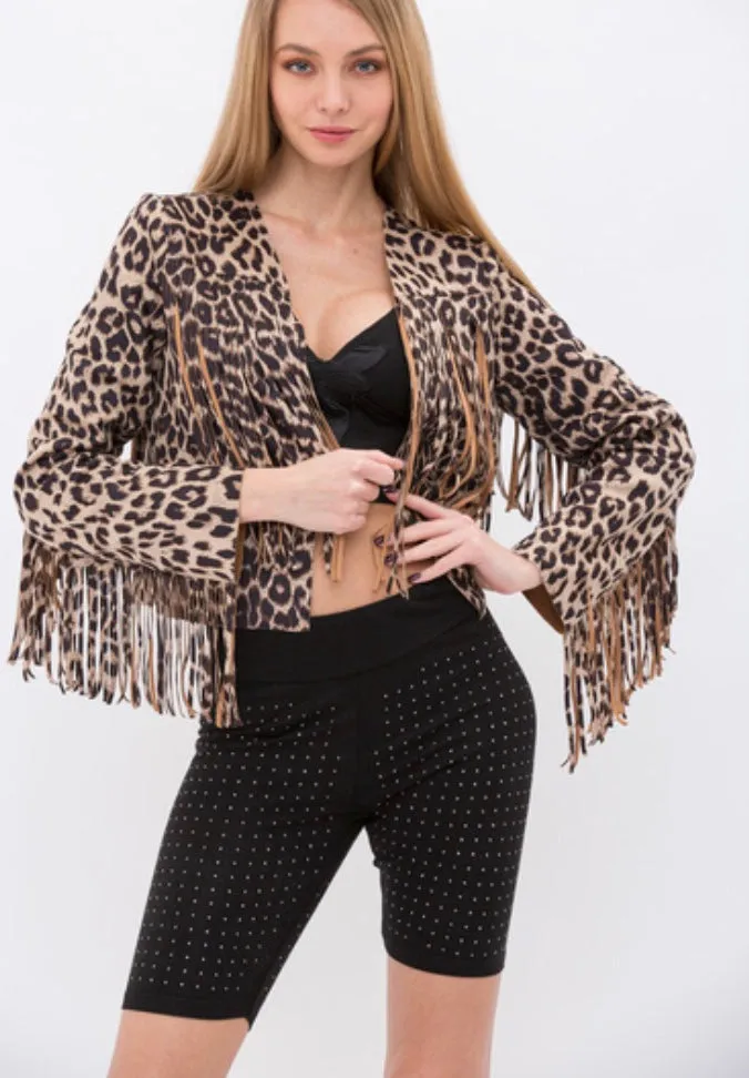 Animal Print Cropped Fringe Jacket