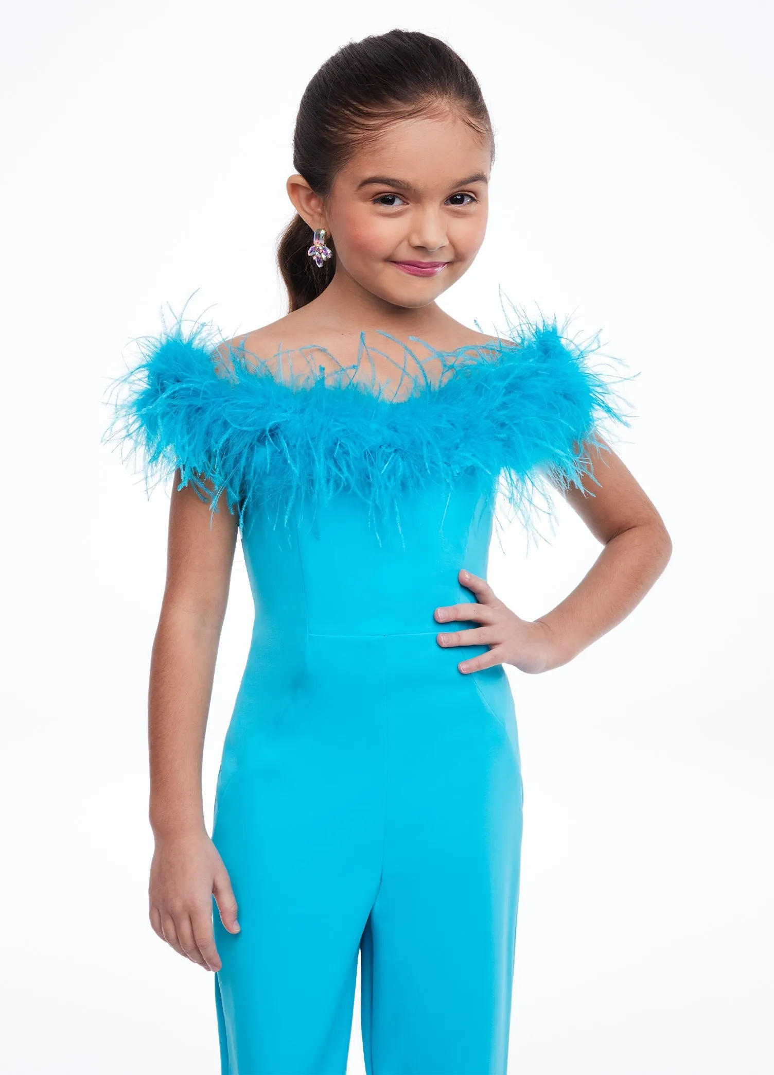 Ashley Lauren Kids 8114 Size 8 Turquoise Girls Scuba jumpsuit Pageant off the shoulder Feather Fun Fashion