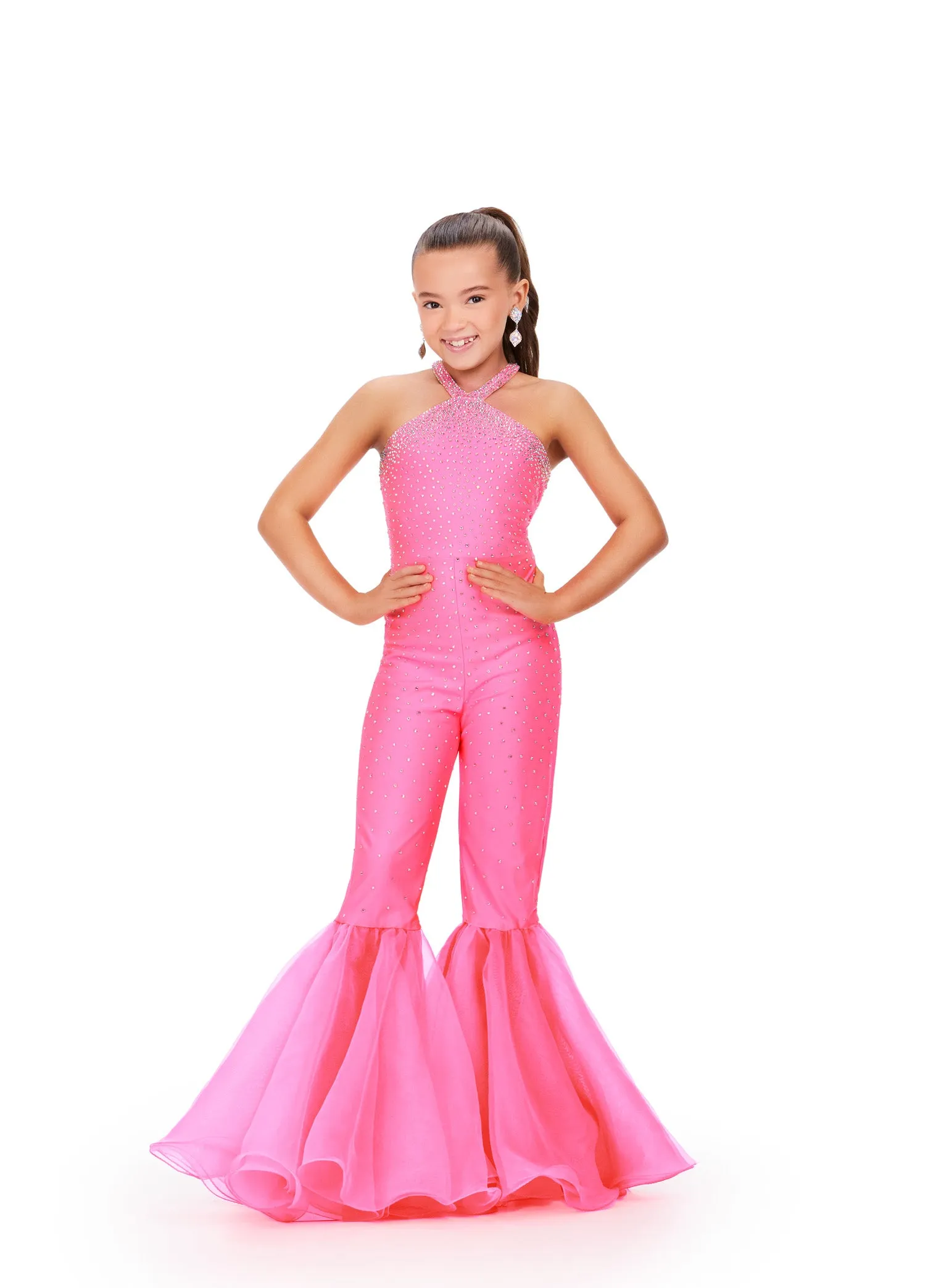 Ashley Lauren Kids 8265 Girls High Neck Bell Bottom Jumpsuit Pageant High Neck Crystal