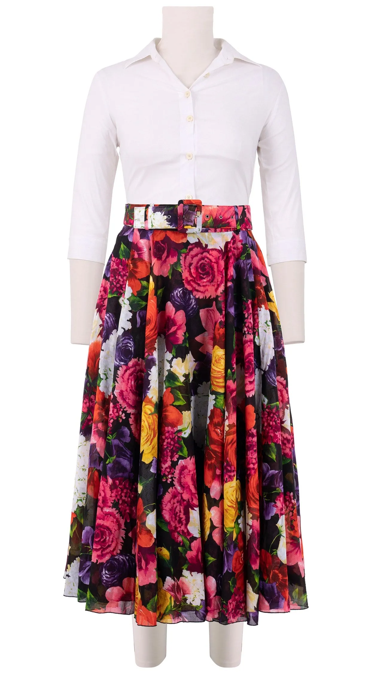 Aster Skirt #1 with Belt Midi Length Cotton Musola (Zinnia Flower)