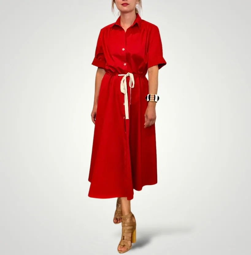 Ava Red Cotton Shirt Dress