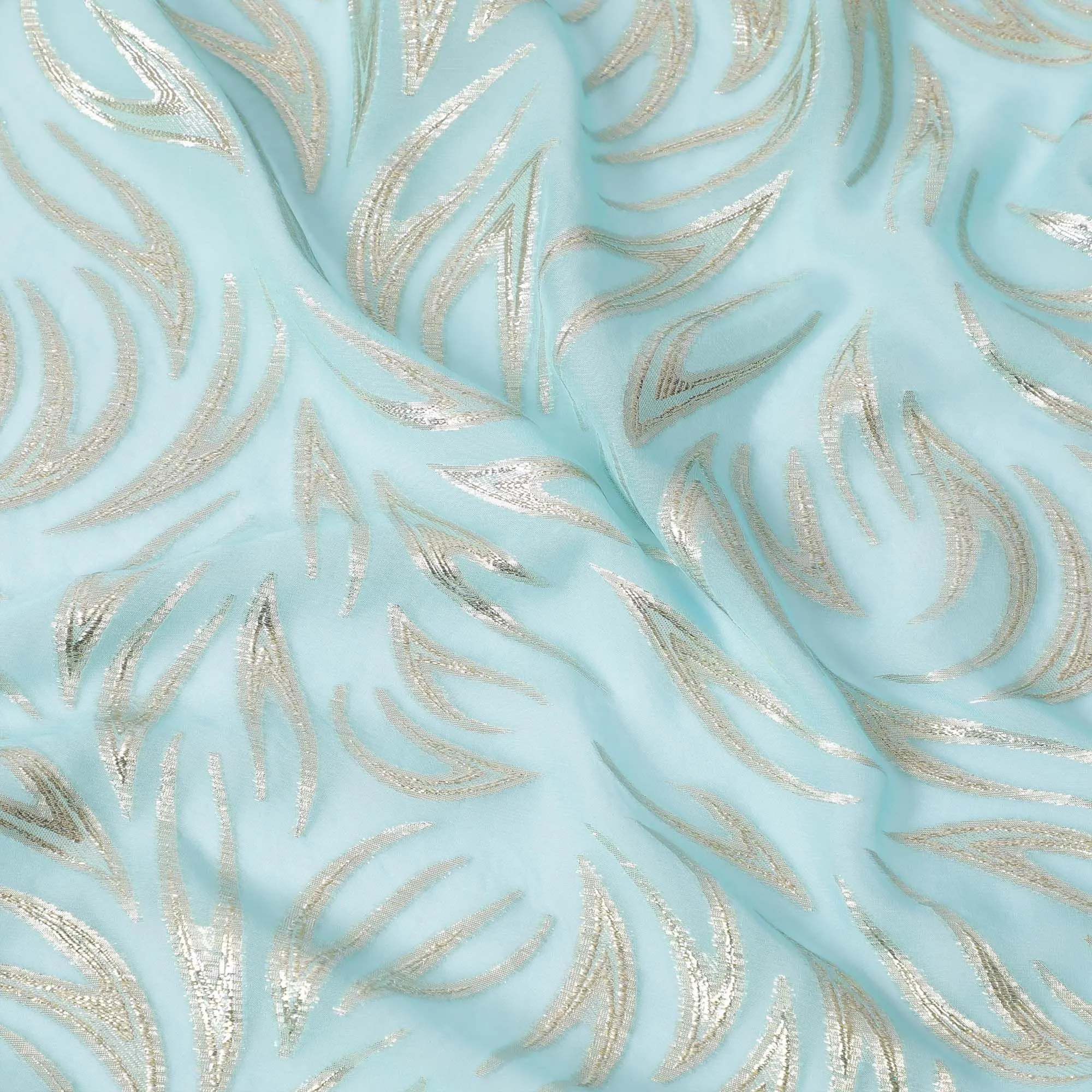 Baby blue Premium pure silk chiffon fabric with gold metallic lurex in fancy design-D13277