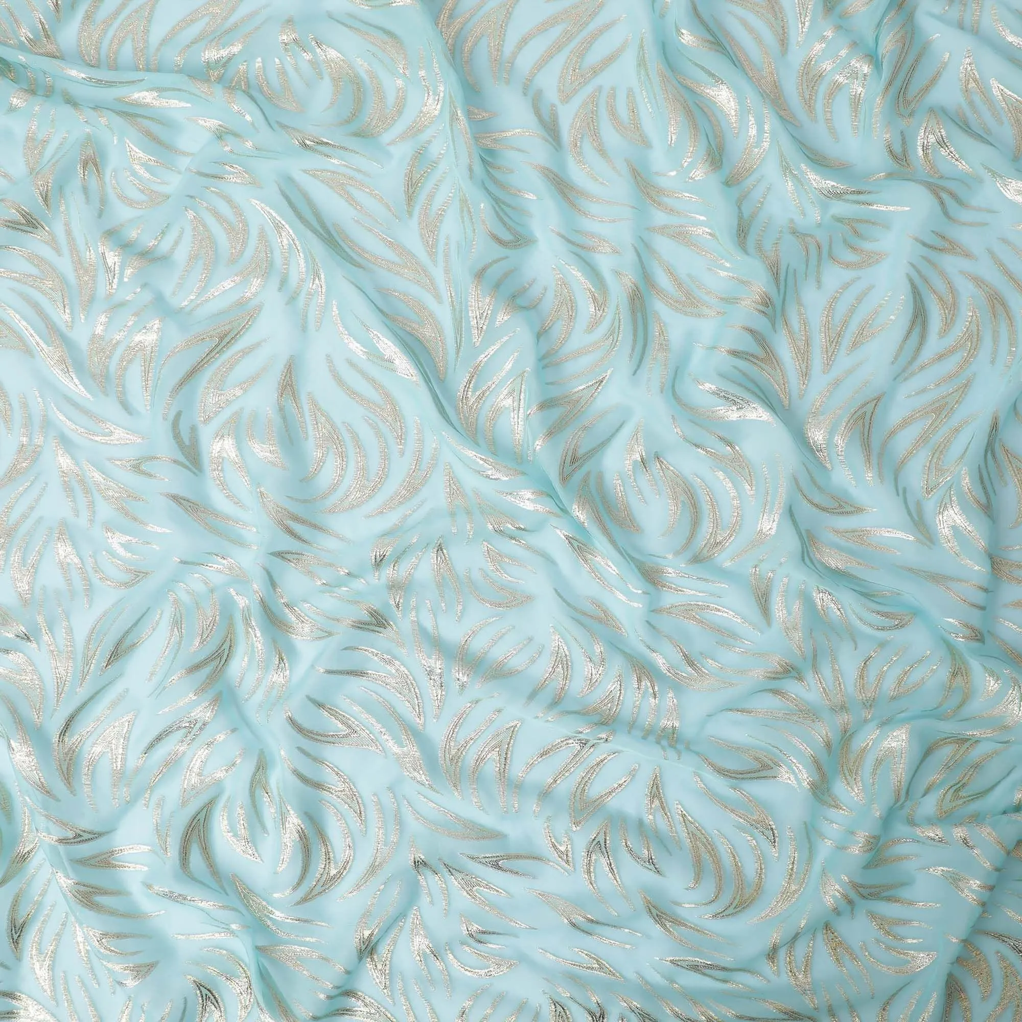 Baby blue Premium pure silk chiffon fabric with gold metallic lurex in fancy design-D13277