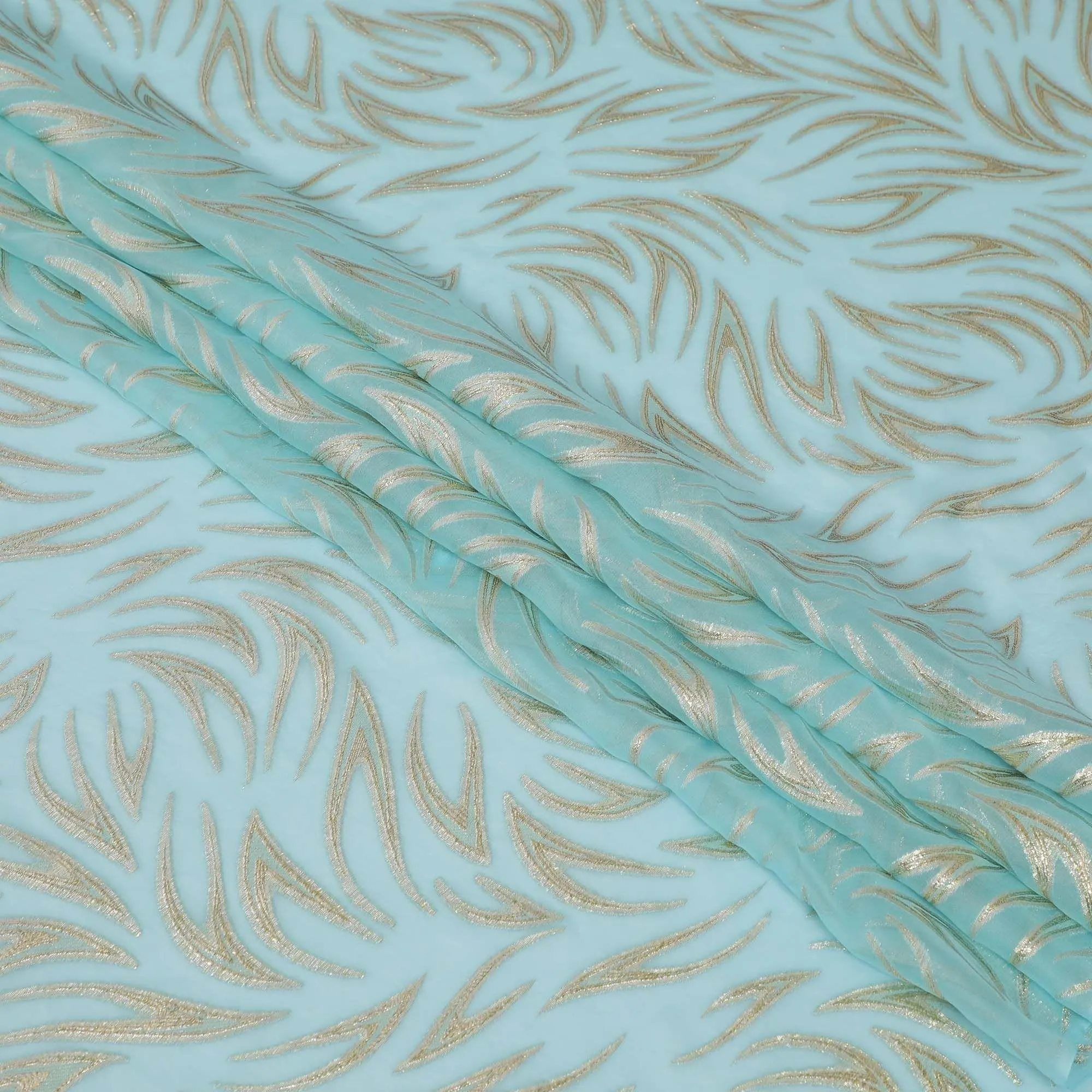 Baby blue Premium pure silk chiffon fabric with gold metallic lurex in fancy design-D13277