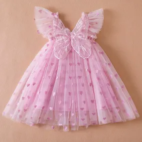 Baby Girl Princess Dress with Butterfly Wings, Embroidered - PINK HEARTS