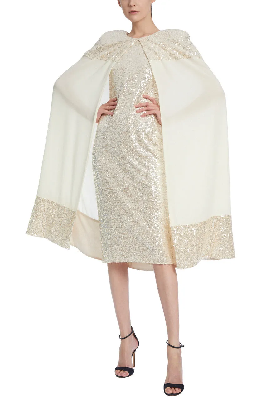 Badgley Mischka crew neck attached cape zipper closure sheath stretch sequin, georgette dress