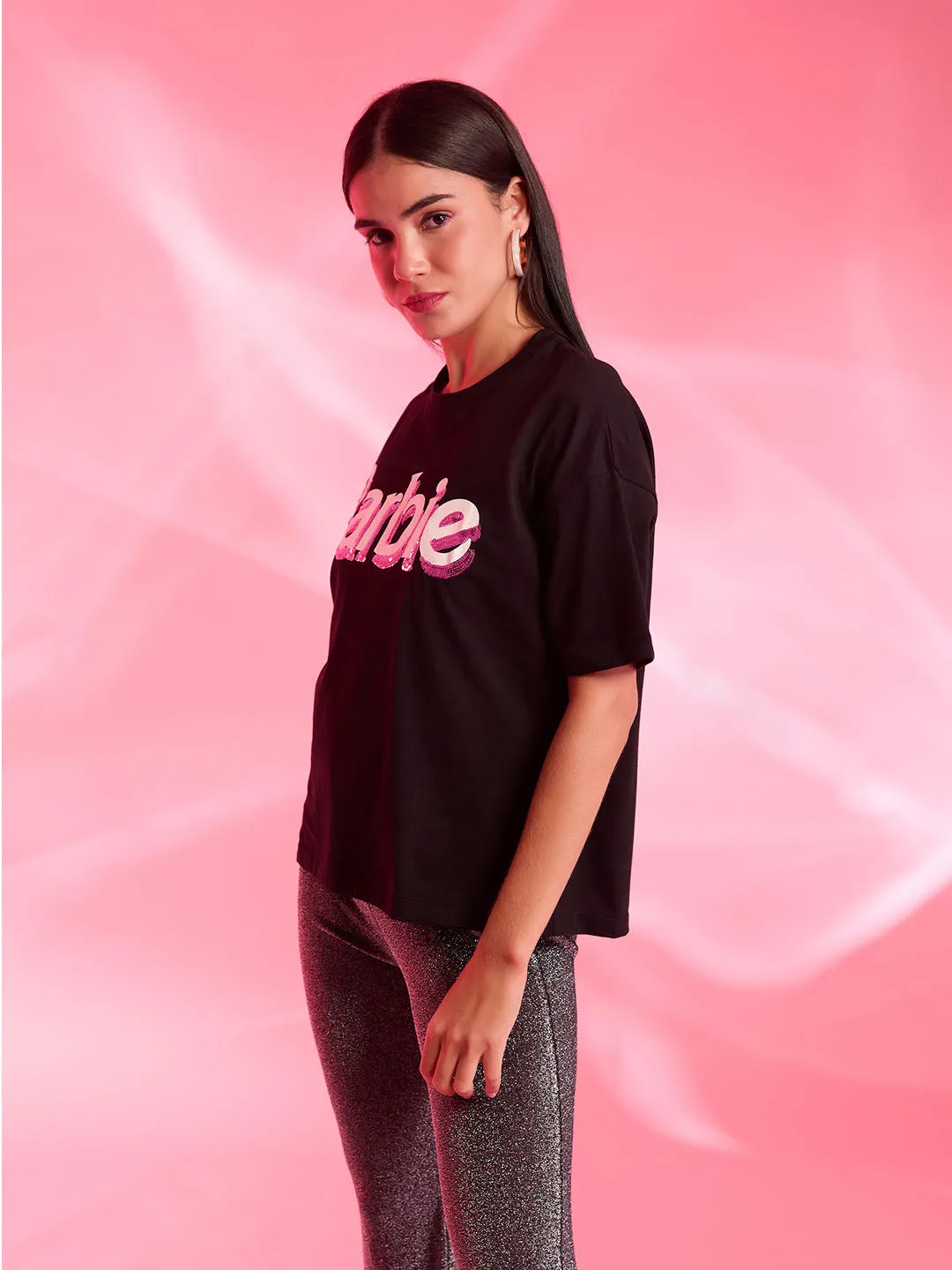 Barbie™ Mattel Logo Printed T-Shirt With Sequin Work