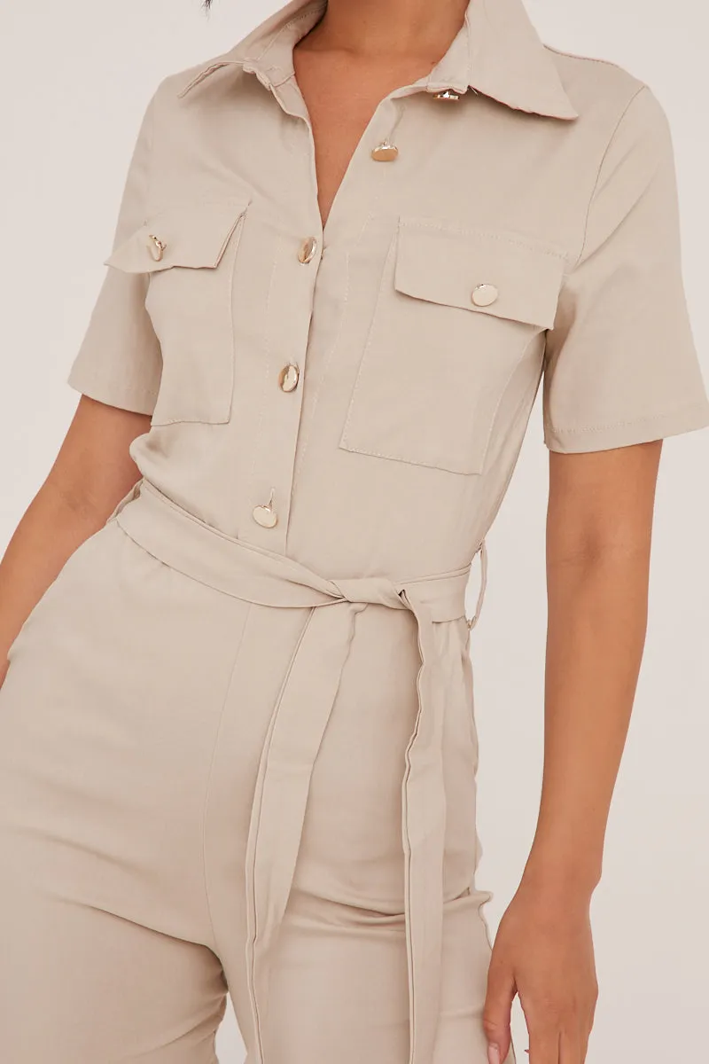 Beige Button Up Front Utility Jumpsuit - Crystal