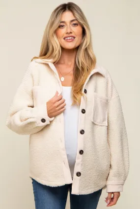 Beige Colorblock Fleece Maternity Shirt Jacket