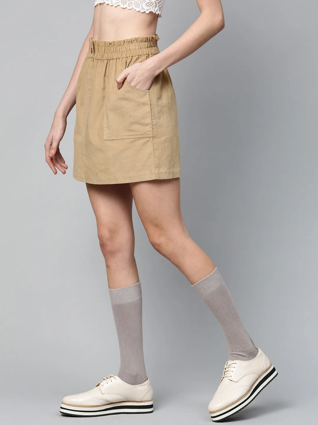 Beige Corduroy Paperbag Waist Mini Skirt