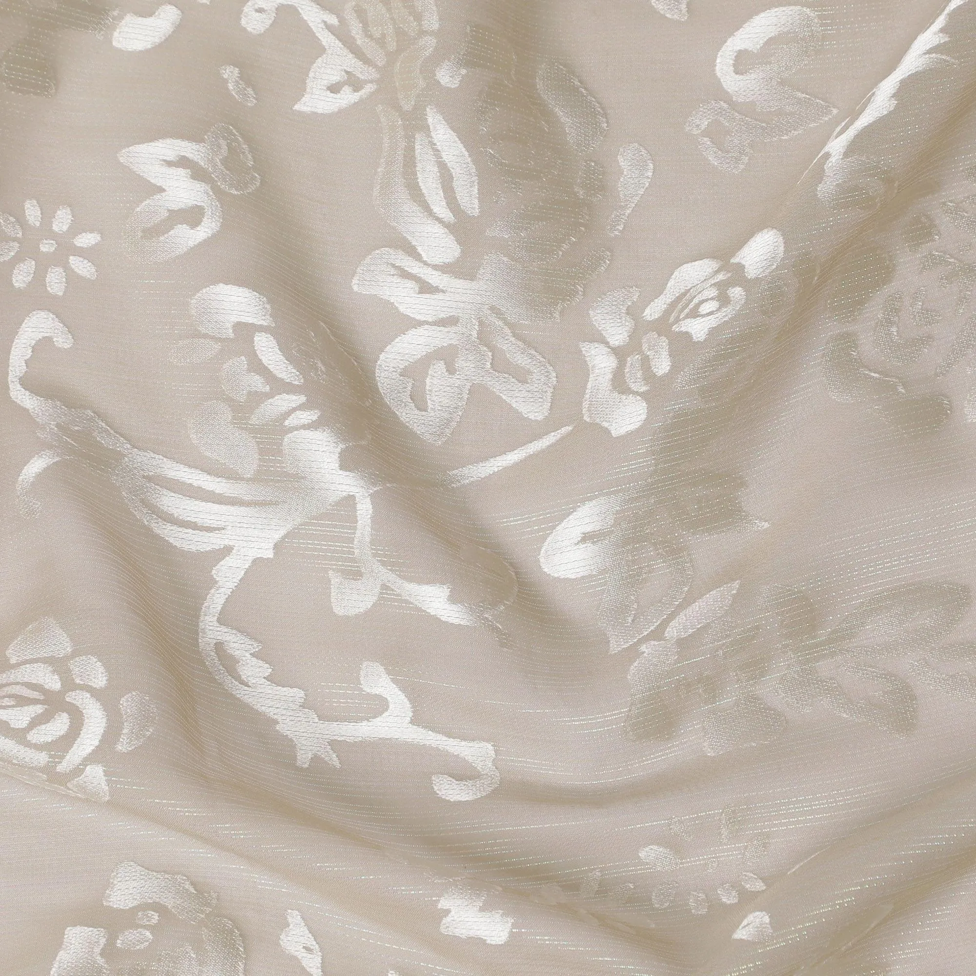 Beige Premim pure silk chiffon fabric with silver jacquard in floral design-D15326